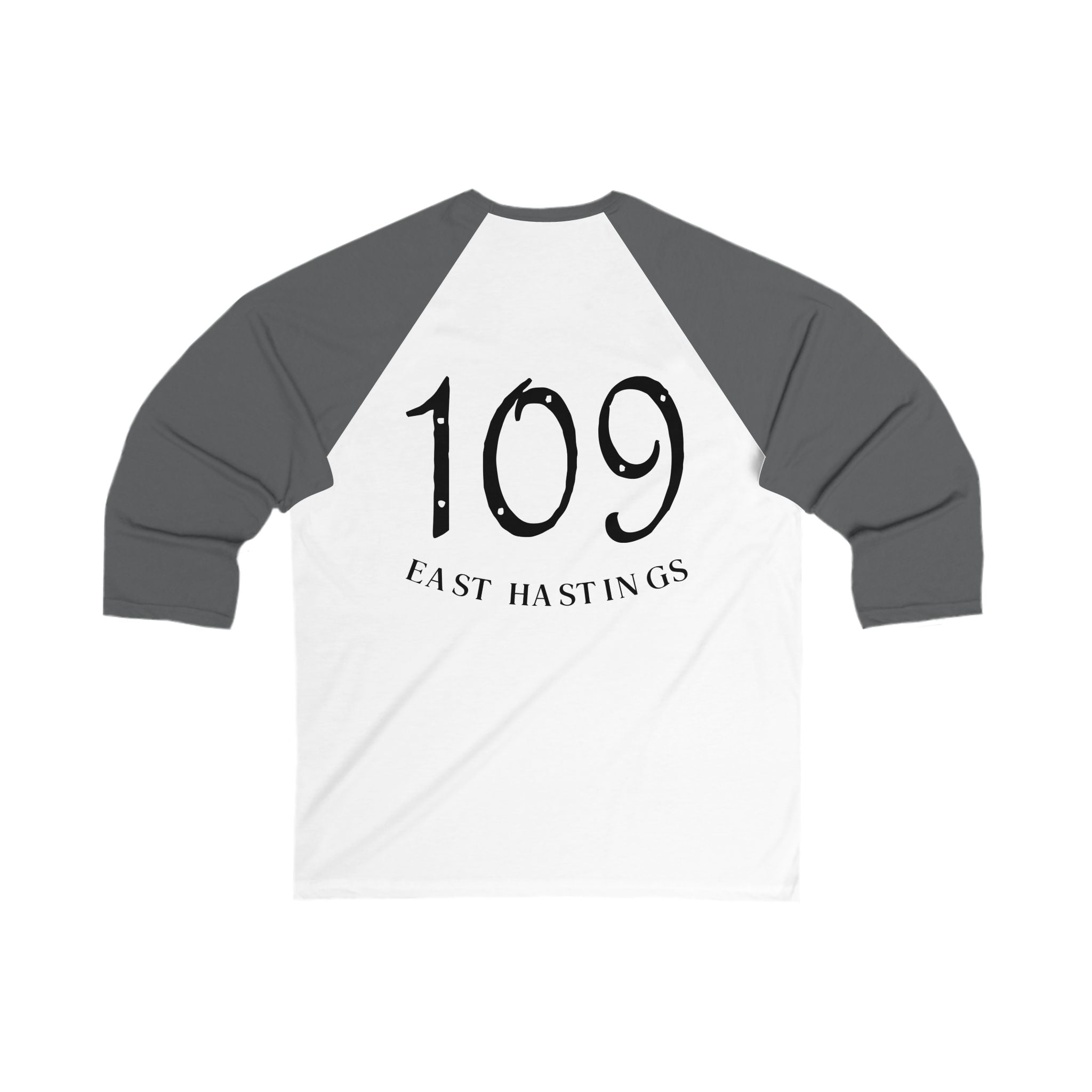 Baseball Tee — Vintage Crest Front, '109 East Hastings' Back