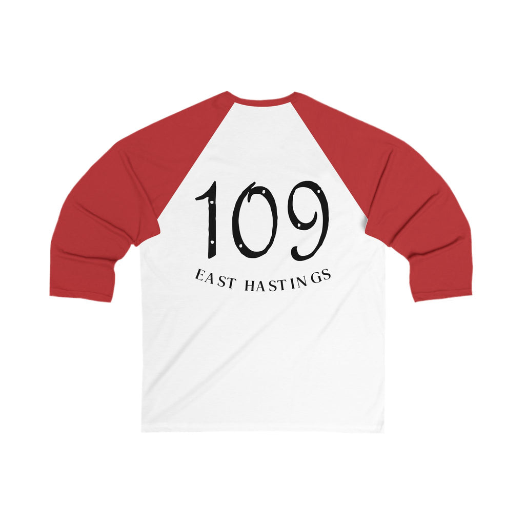 Baseball Tee — Vintage Crest Front, '109 East Hastings' Back