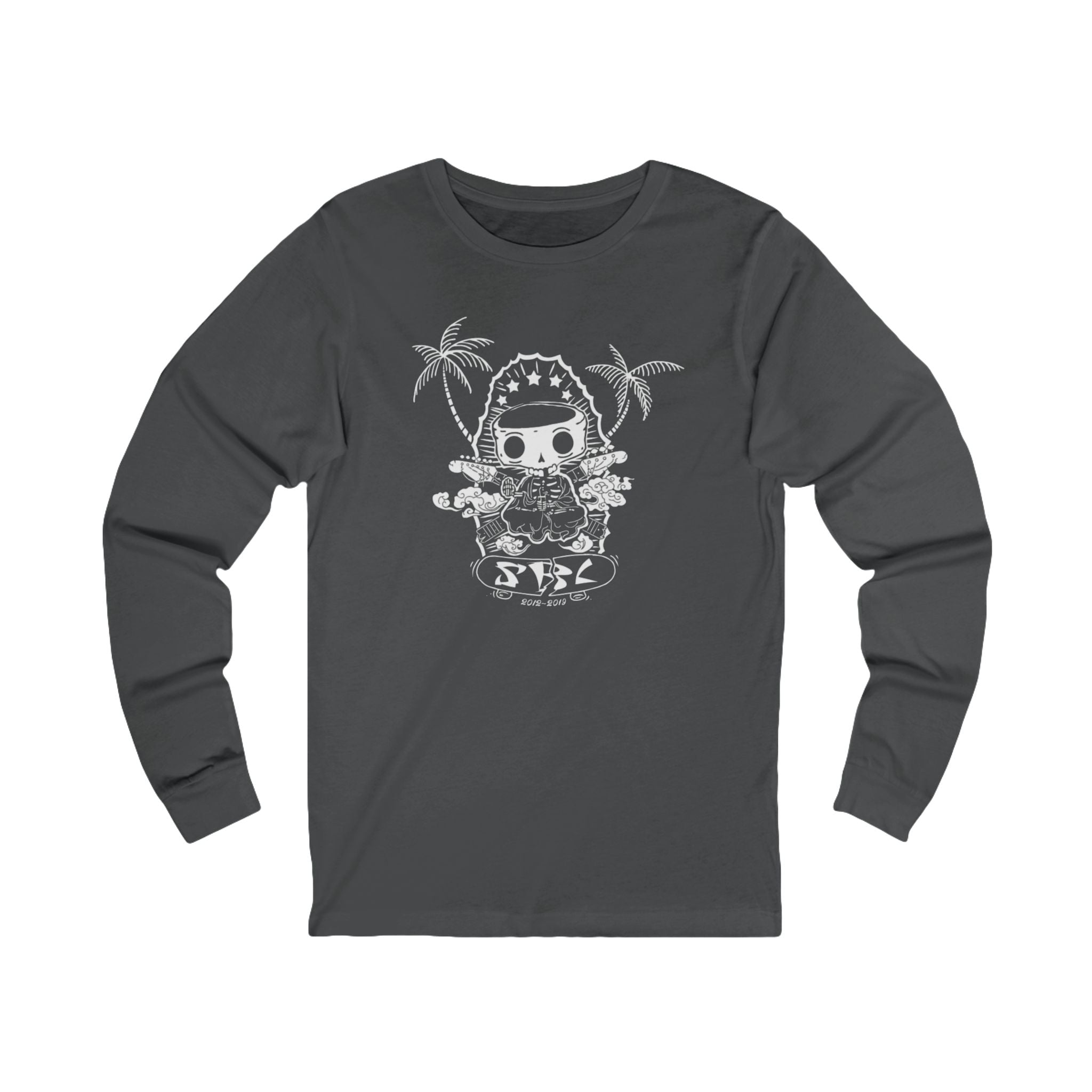Long Sleeve Tee - Cute Dino Surf Graphic (Palm Trees, 'Surf' Design)