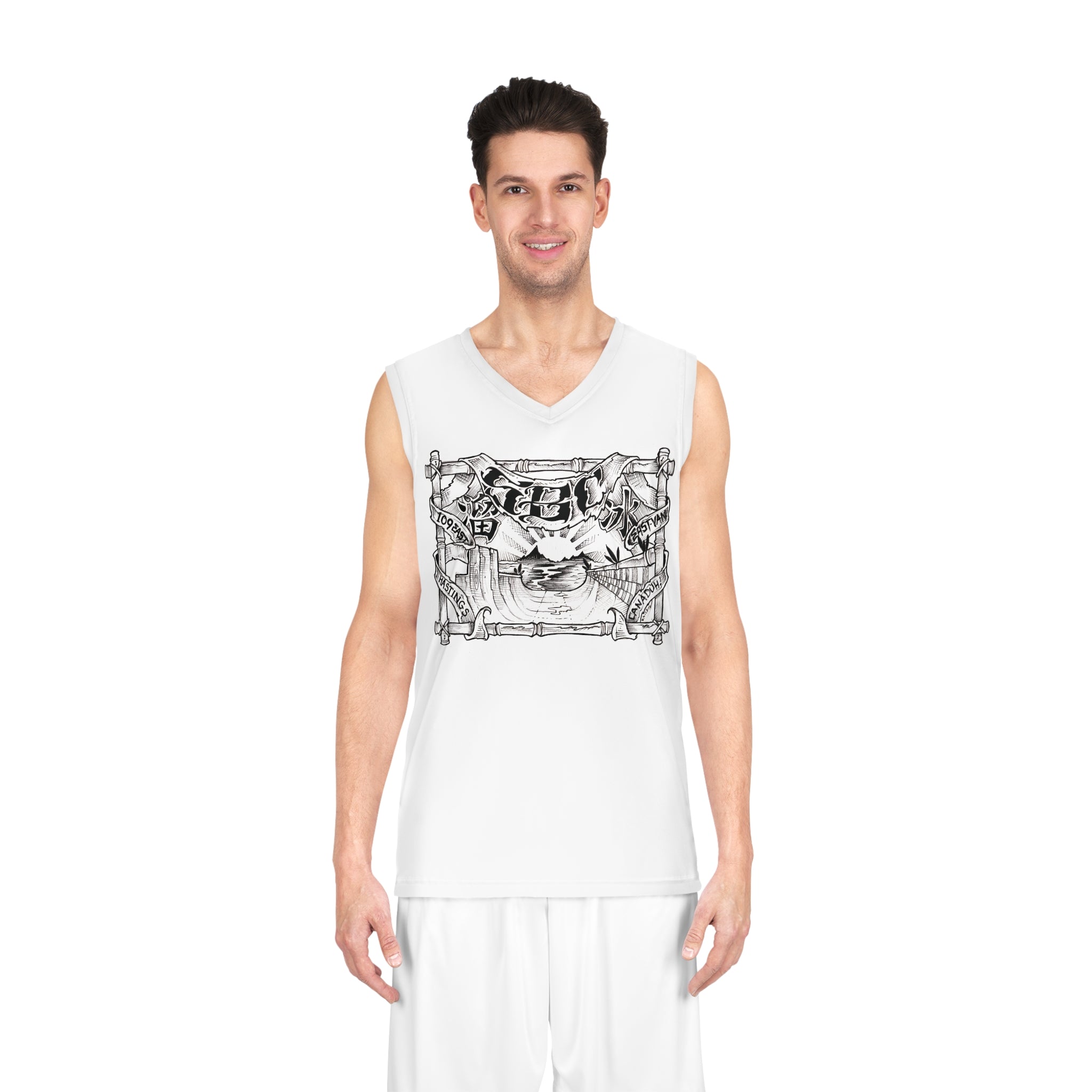 East Hastings 109 Basketball Jersey — Vintage Tattoo-Style Graphic AOP