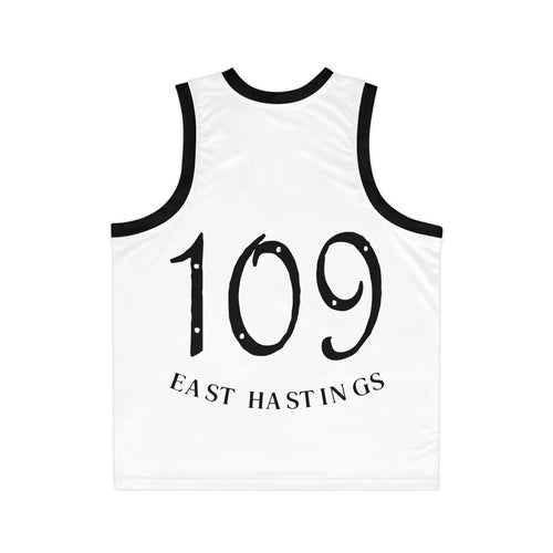 Black & White Striped Basketball Jersey — Subtle Team Crest Pattern
