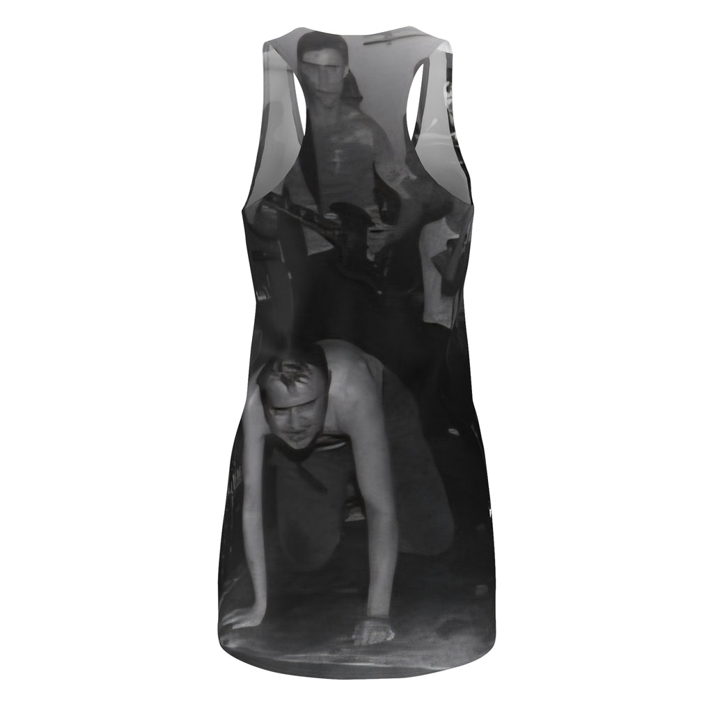 Black & White Party Photo Racerback Dress — Vintage Nightclub Scene AOP