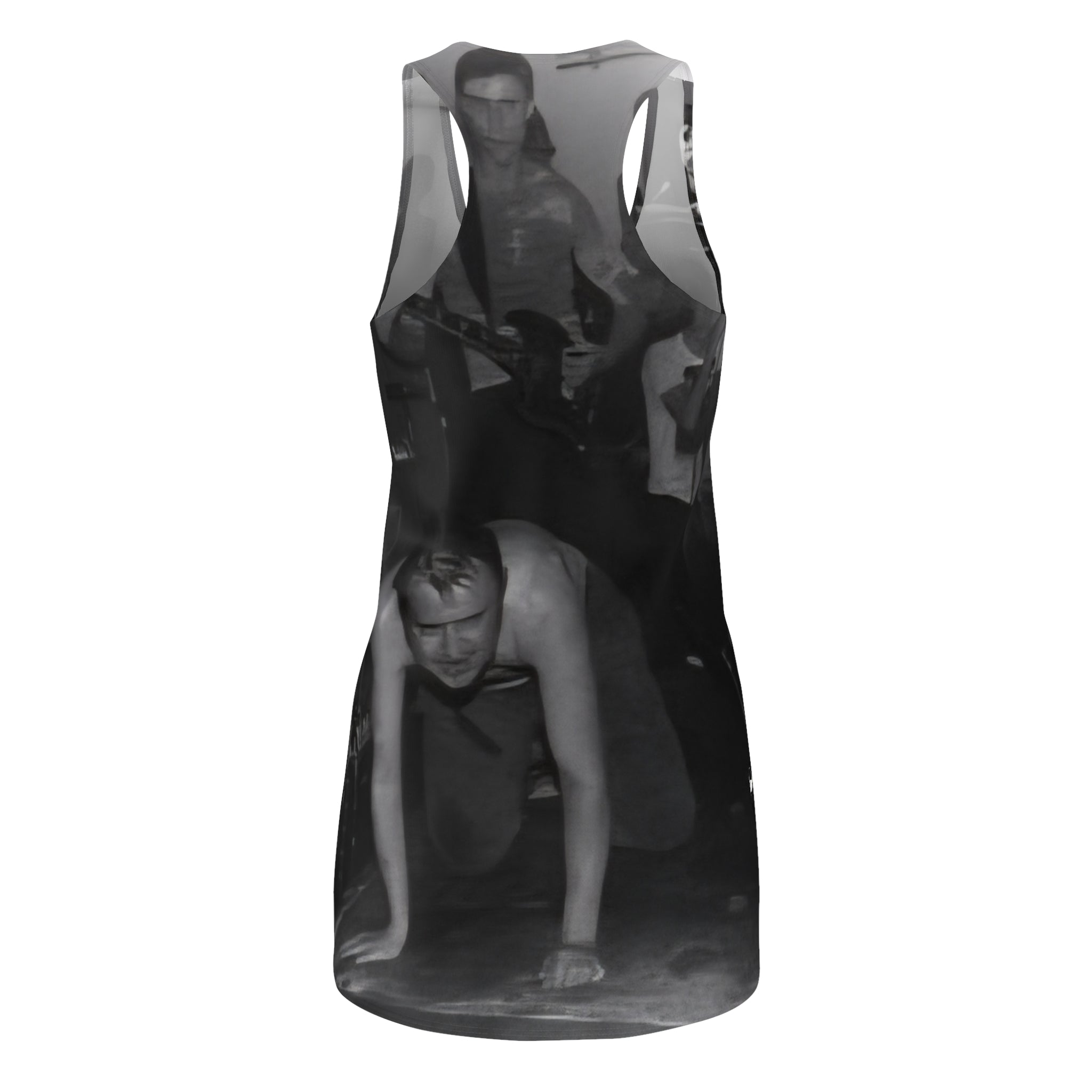 Black & White Party Photo Racerback Dress — Vintage Nightclub Scene AOP