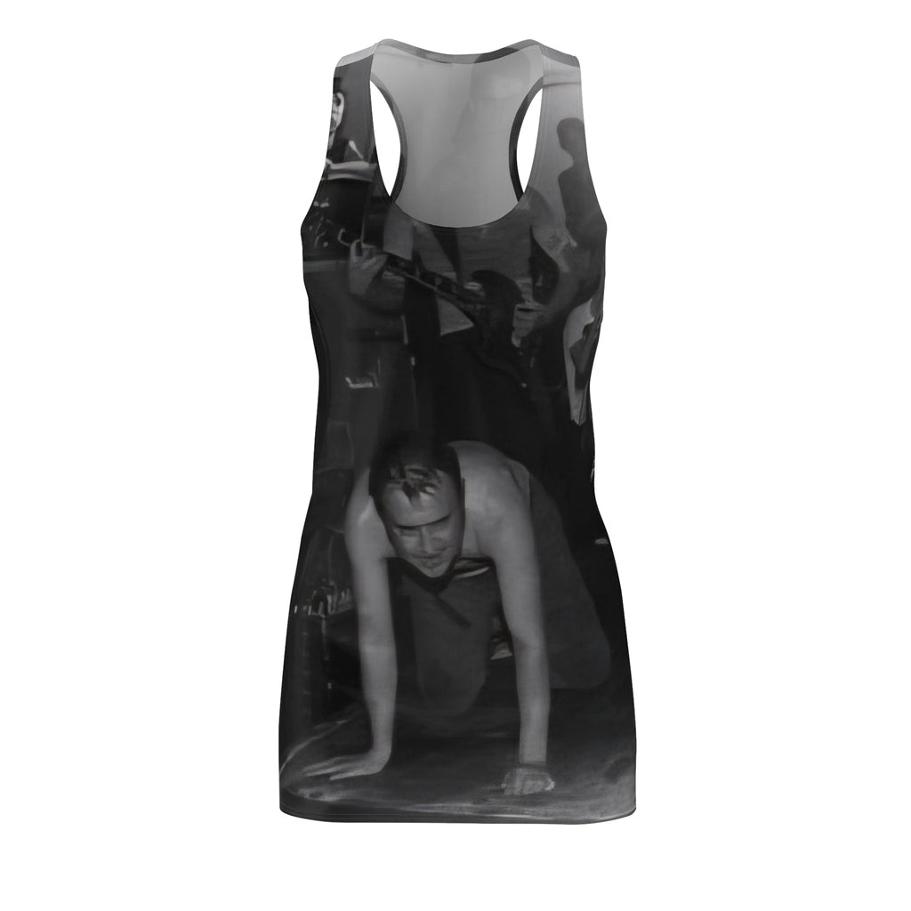 Black & White Party Photo Racerback Dress — Vintage Nightclub Scene AOP