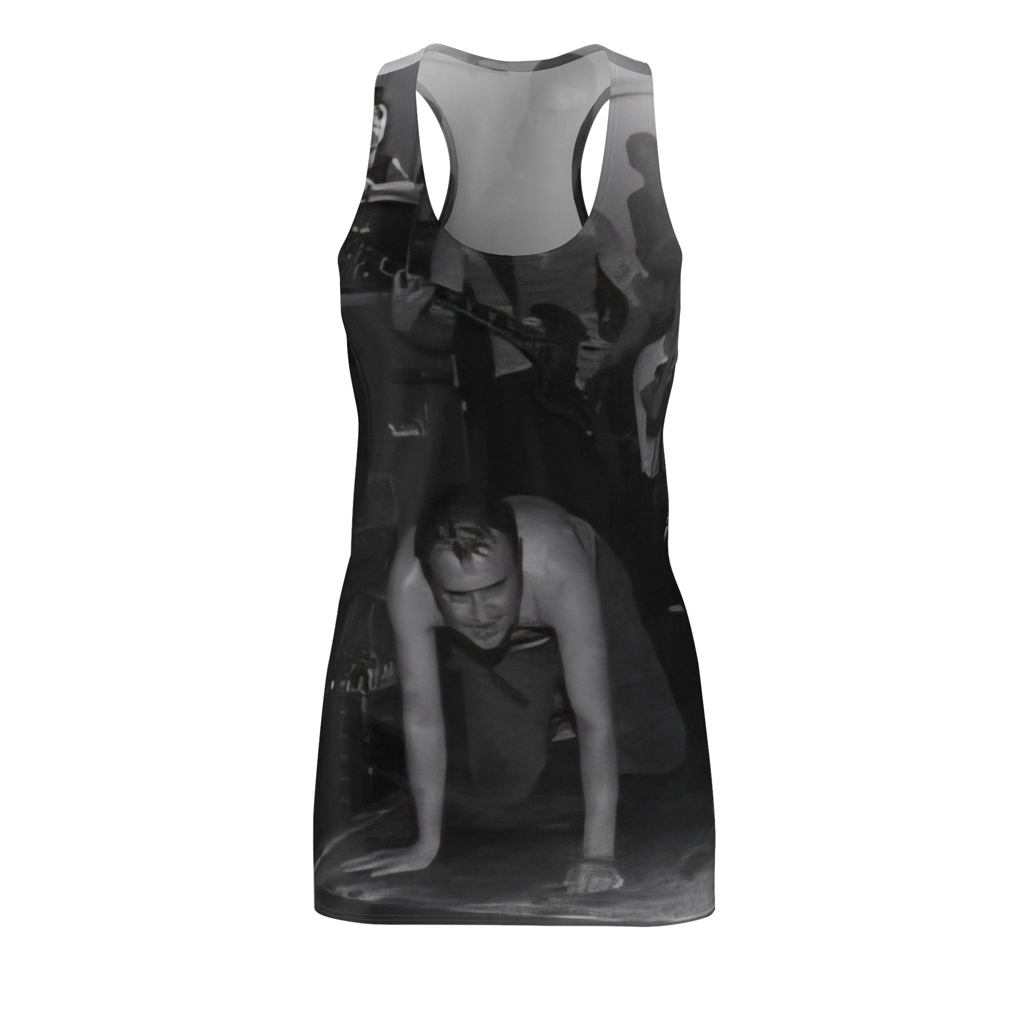 Black & White Party Photo Racerback Dress — Vintage Nightclub Scene AOP